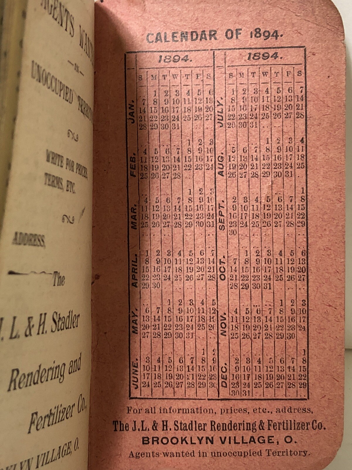 Rare Antique 1894 J L and H STADLER RENDERING CO Note Pad BROOKLYN VILLAGE OHIO