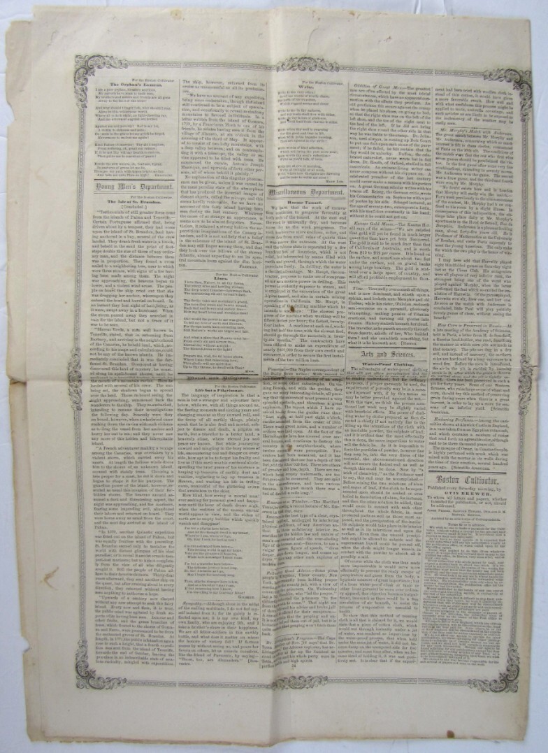 Antique 1859 Boston Massachusetts Farm News Newspaper