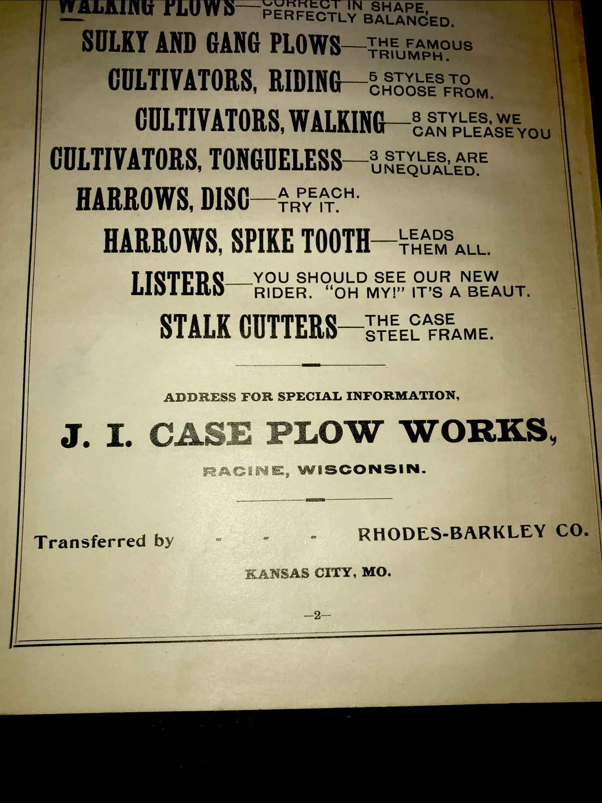 1898 J.I. Case Plow Works Superior Farm Advertising – Kansas City – Missouri