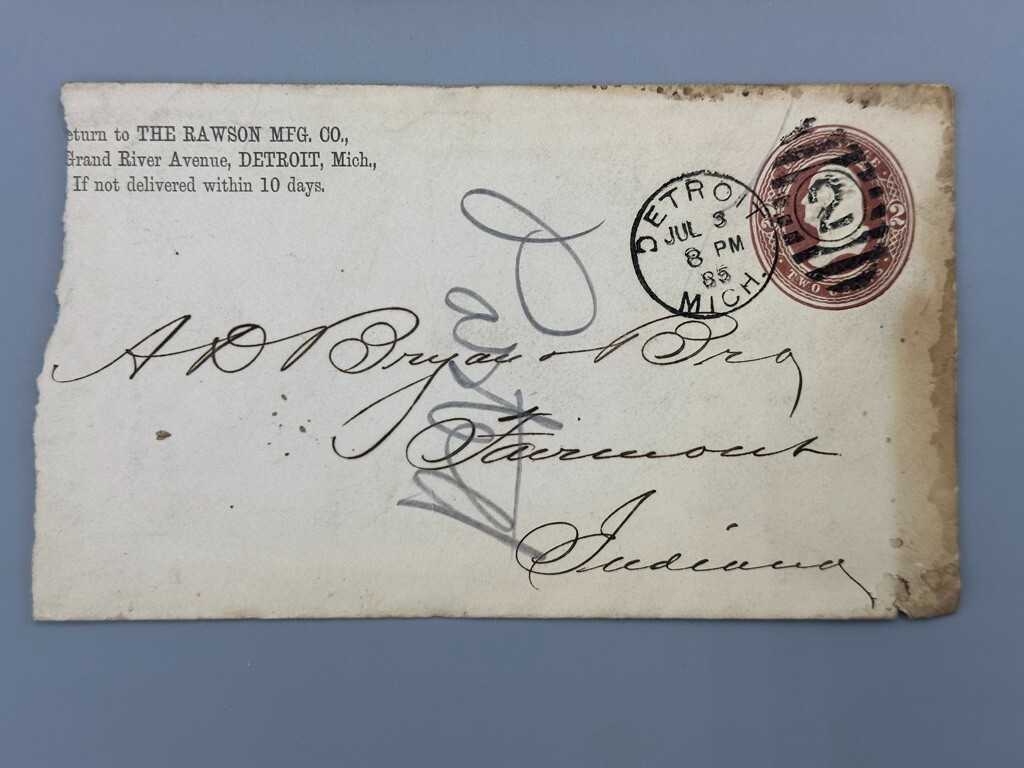 1885 Rawson Mower Fancy CANCEL 2 in OVAL Farm Postal Cover DETROIT Advertising