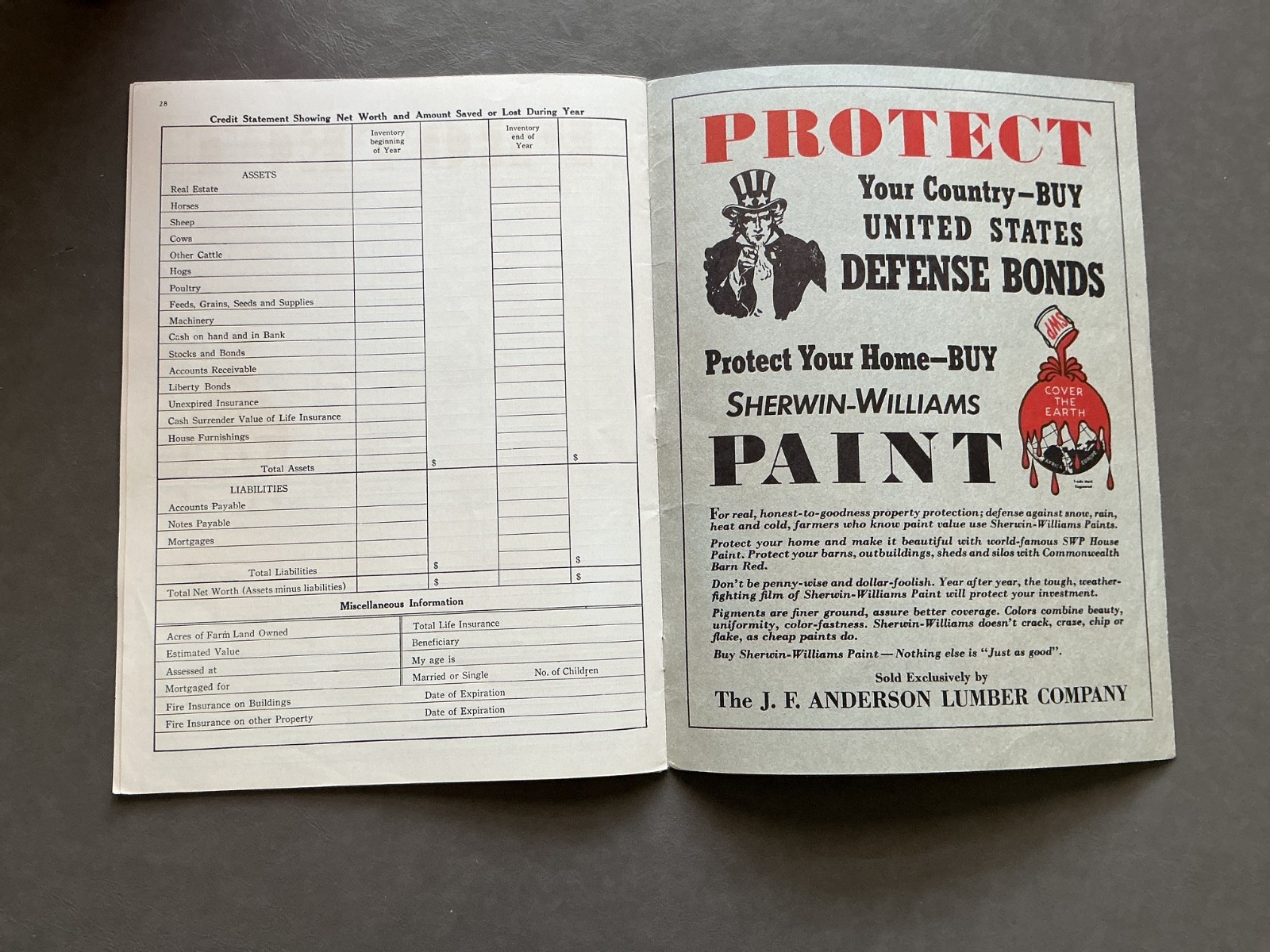 1942 Farm Acct. Record Book – J. F. Anderson Lumber Co. Minnesota, Iowa, Dakotas