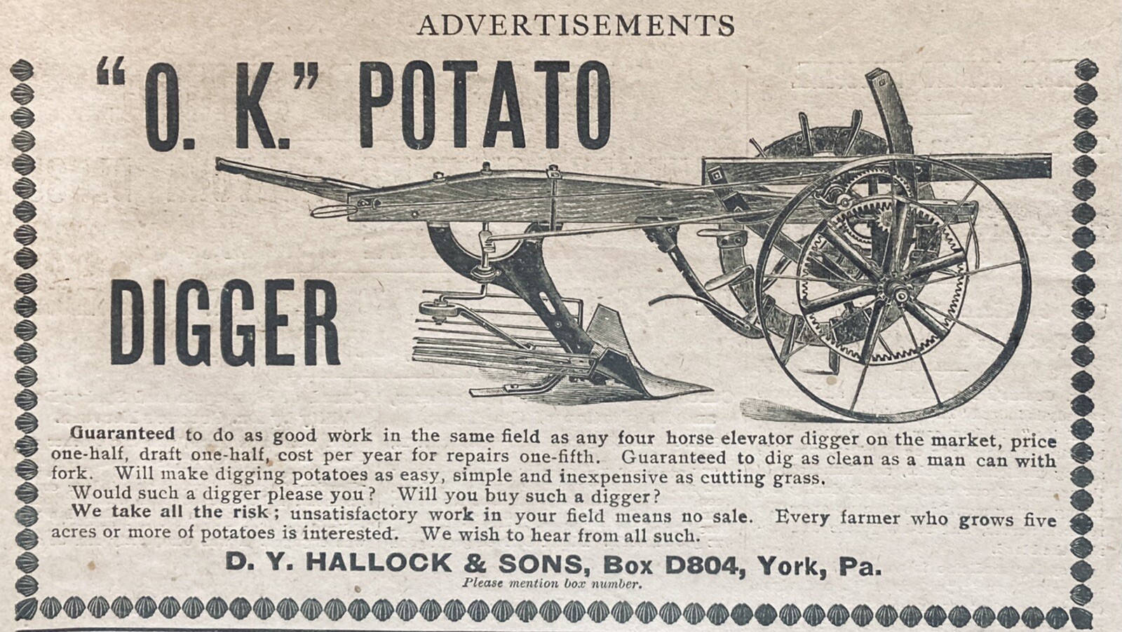 1901 AD.(XH11)~D.Y. HALLOCK SON CO. YORK, PA. “O.K.” POTATO DIGGER
