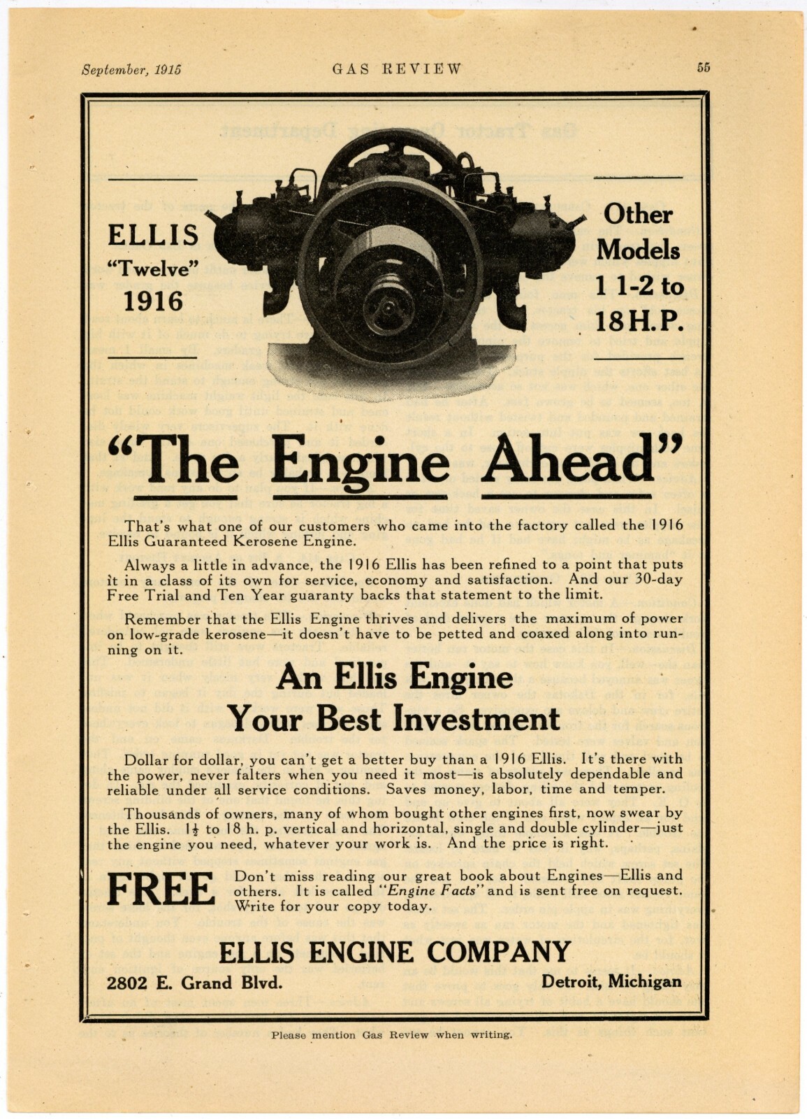 1915 Ellis Engine Company Ad: Ellis Twelve for 1916 Kerosene Engine – Detroit MI