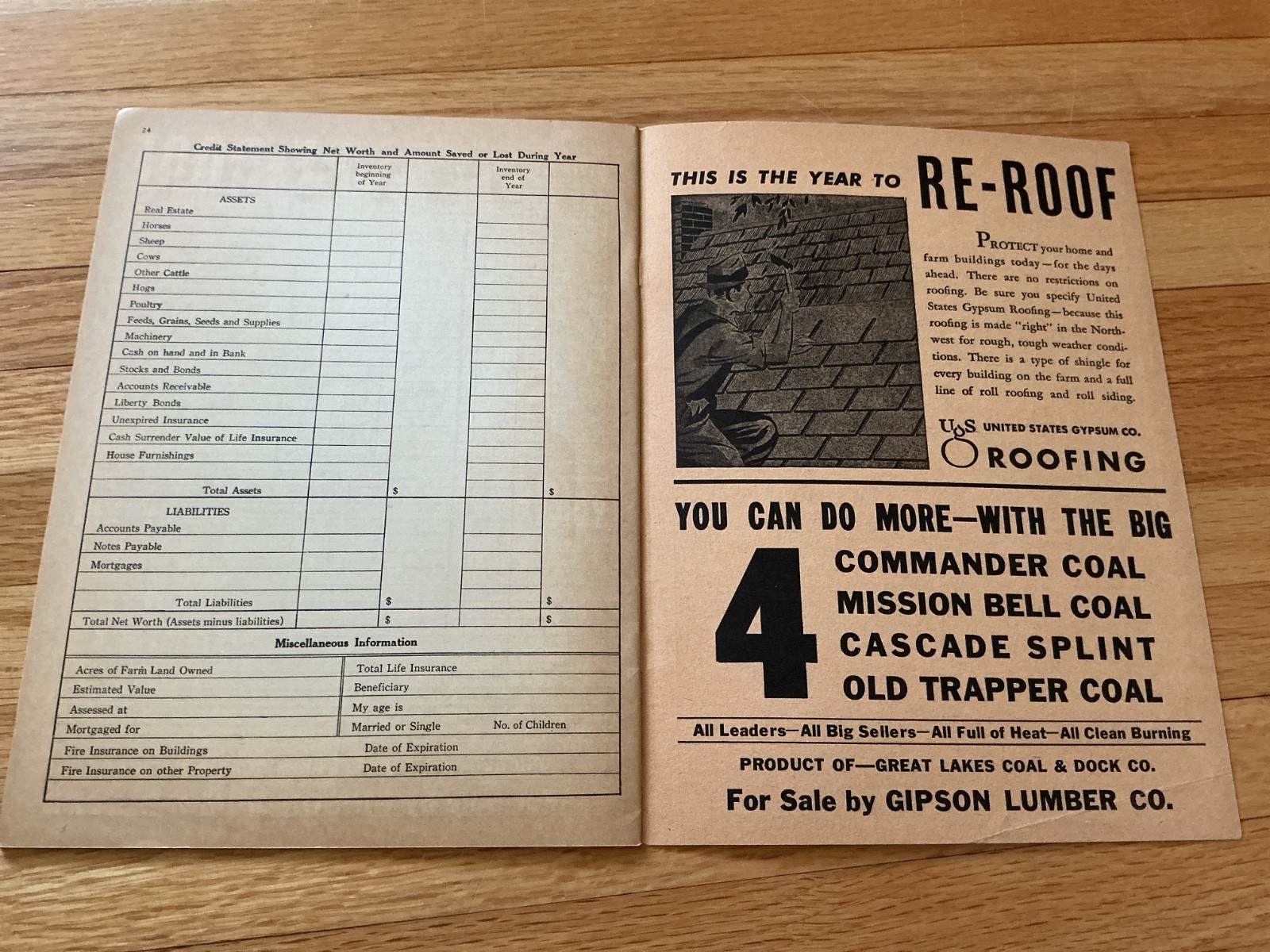 Vintage Farm Acct. Record Book – Gibson Lumber – Minnesota