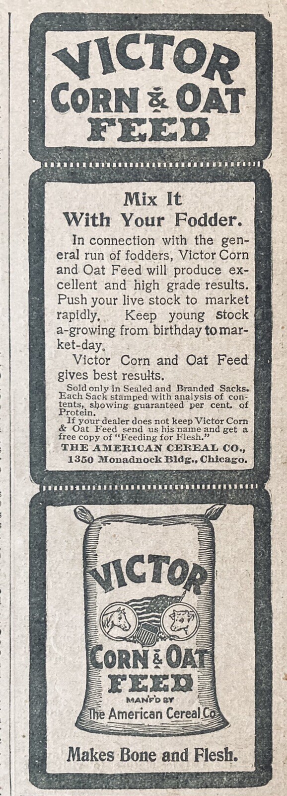 1901 AD.(XH11)~AMERICAN CEREAL CO. CHICAGO. VICTOR CORN & OAT FEED