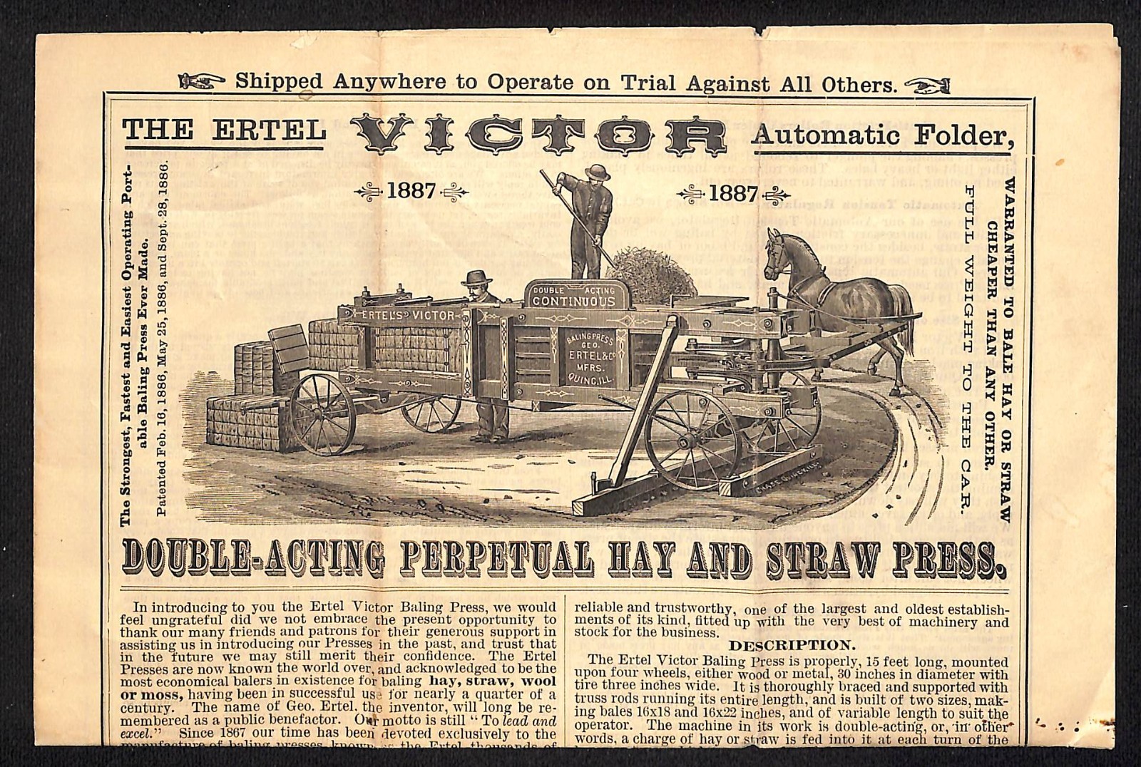 1887 Ertel « Victor » Perpetual Hay and Straw Press Single Sheet Brochure – Scarce