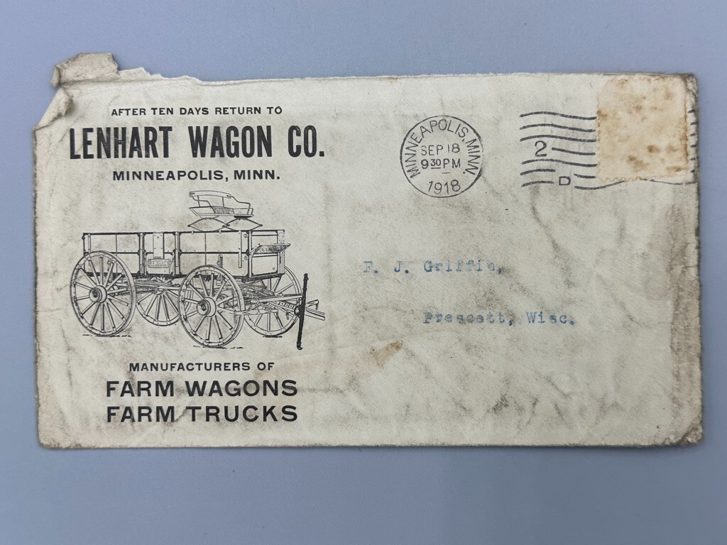 1918 LENHART WAGON Co MINNEAPOLIS Farm Trucks Advertise Illustrated Postal Cover