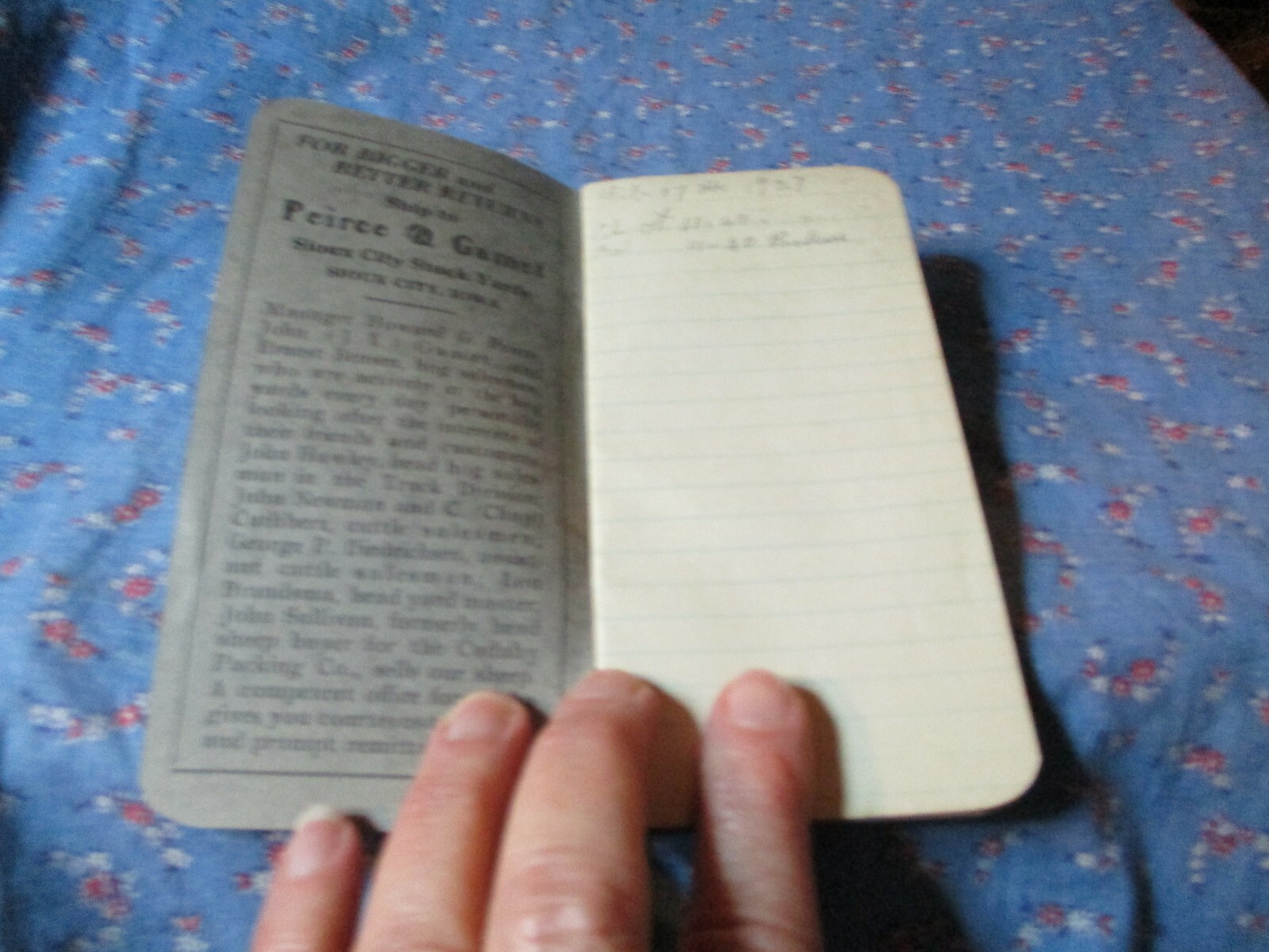 Pocket Notebook 1926-27 Peirce & Garmet Stock Yarads Sioux City Iowa