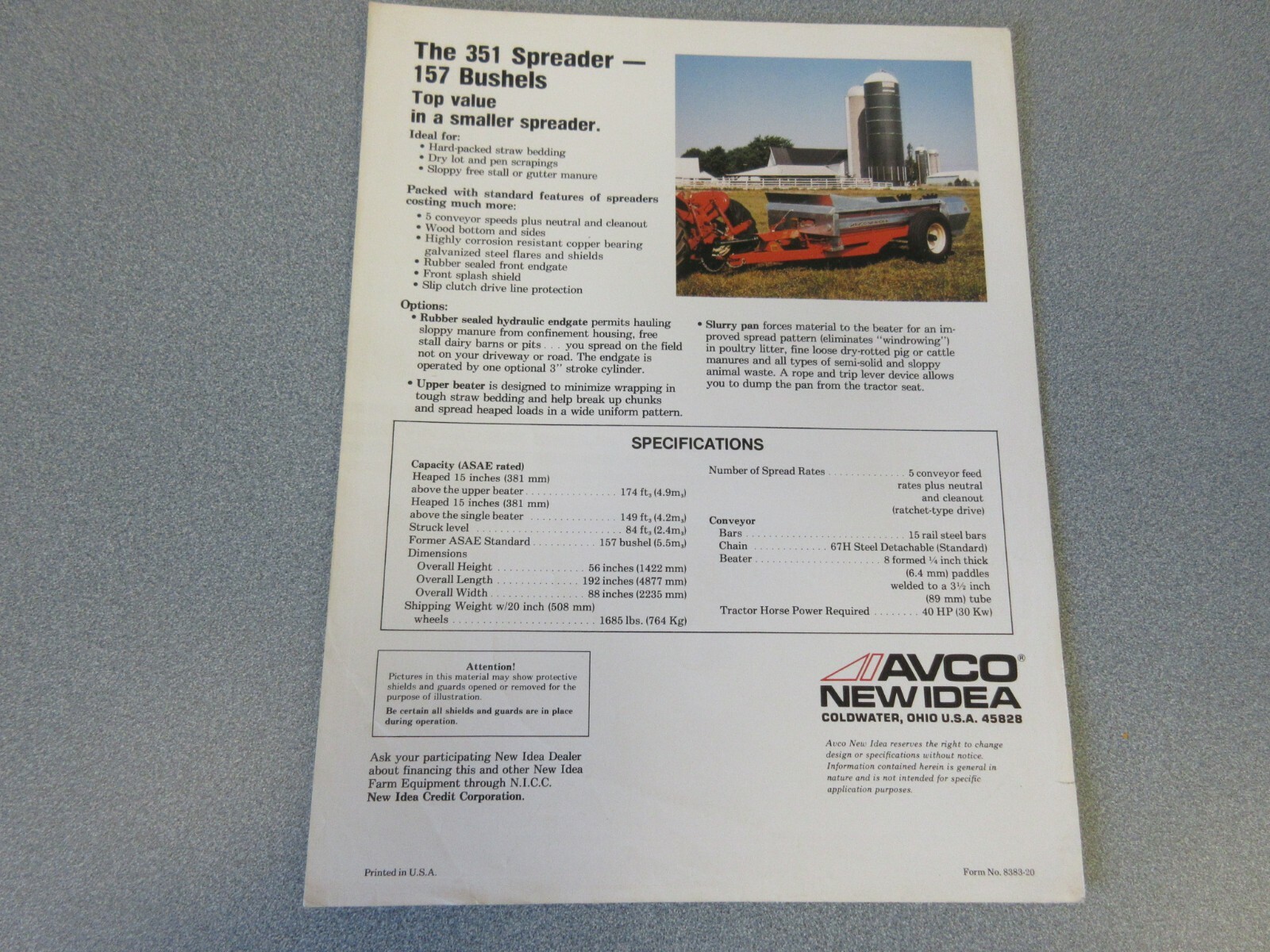 Avco New Idea 351 Spreader Sales Sheet