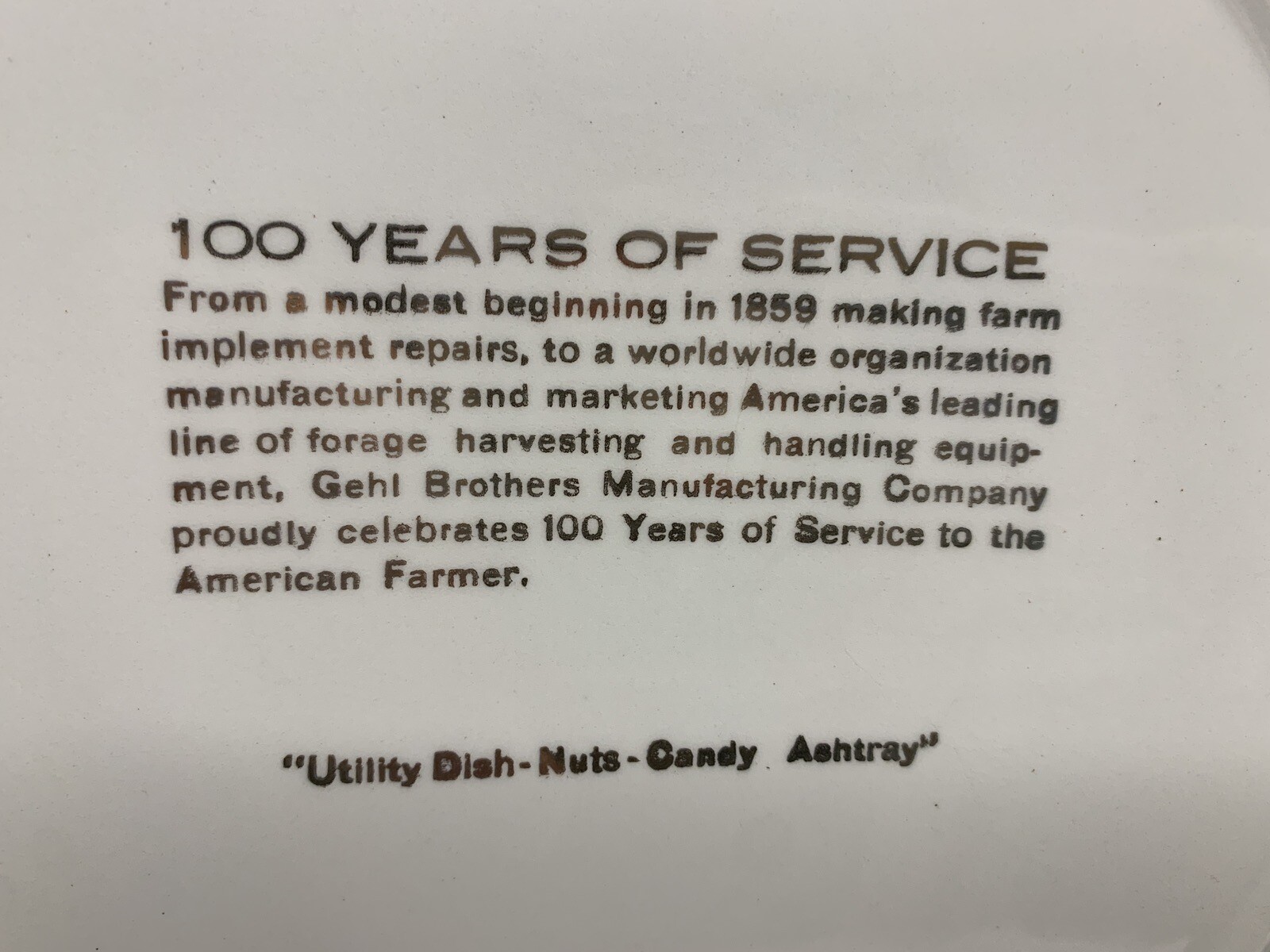 Gehl Dish 100 Anniversary Nuts Candy Ashtray 1959 White Ceramic Farm Scene