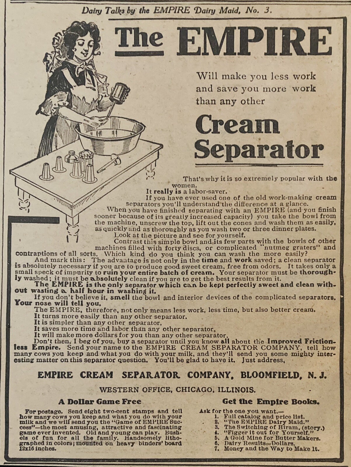 1906 AD.(XH56)~EMPIRE CREAM SEPARATOR CO. BLOOMFIELD, NJ. THE EMPIRE SEPARATOR