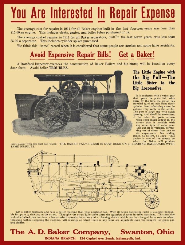 1912 A.D. Baker Steam Engine, Swanton, OhiO NEW Sign: 24×30&Prime; USA STEEL XL Size