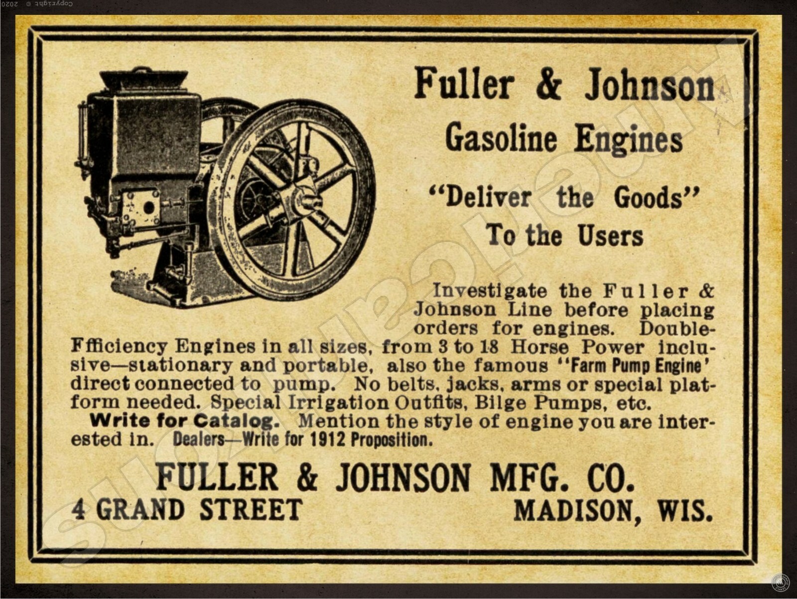 1912 Fuller & Johnson Gas Engines NEW Metal Sign 24&Prime;x30&Prime; USA STEEL XL Size 7 lb