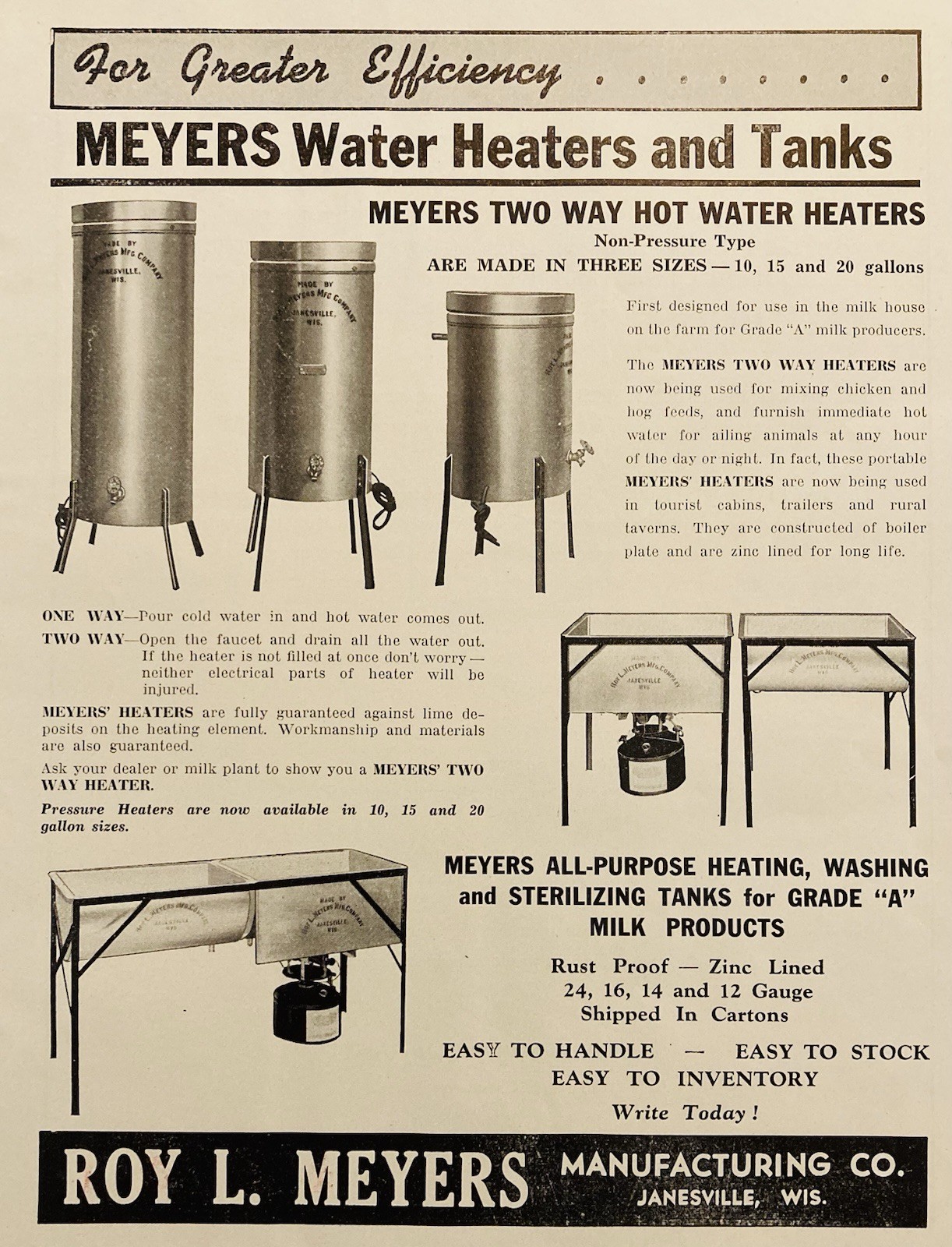 1946 AD.(XH85)~ROY L. MEYERS MFG. CO. JANESVILLE, WIS. DAIRY WATER HEATERS TANKS