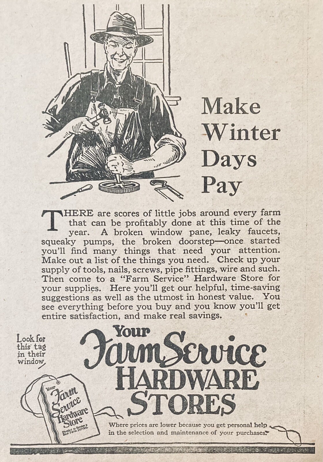 1930 AD(XH31)~FARM SERVICE HARDWARE STORES, “MAKE WINTER DAYS PAY”
