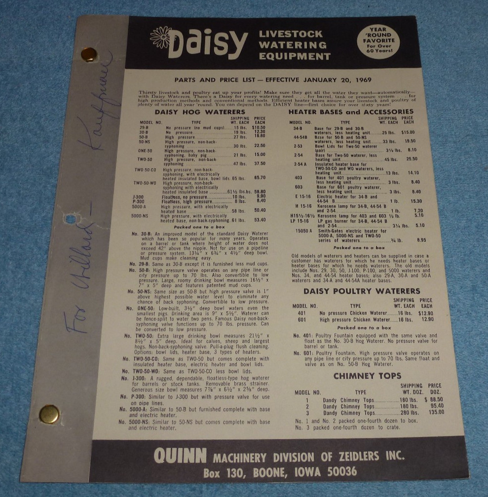 Vtg Daisy Livestock Watering Equipment Parts Price List 1969 Quinn Boone Iowa