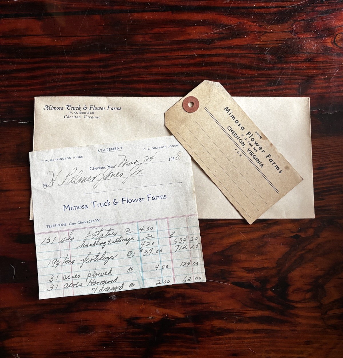 1948 Mimosa Truck & Flower Farms Cheriton VA ESVA Shipping Tag Invoice Envelope