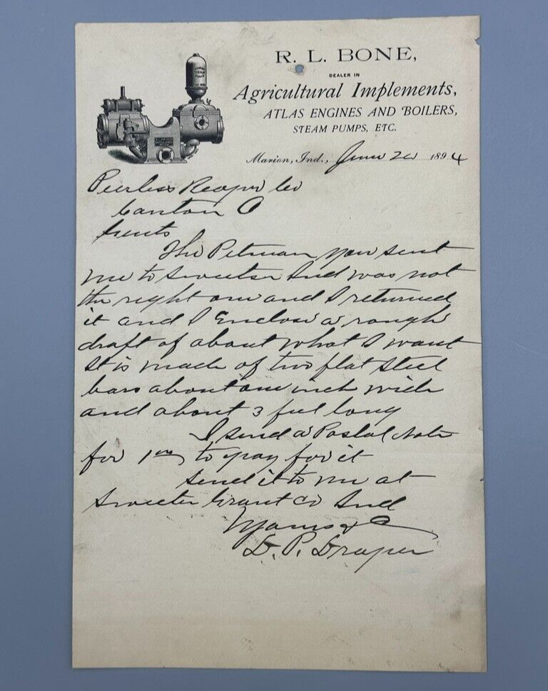 1894 ATLAS ENGINES Steam Pump MARION Indiana RL Bone FARM Advertising Letter