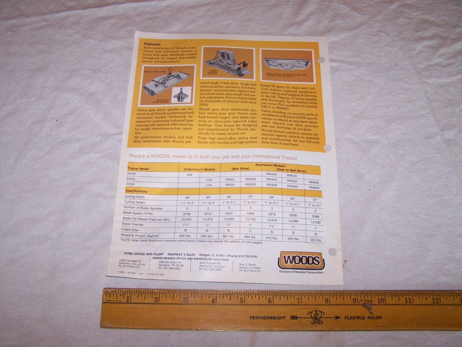 Vintage WOODS Rotary Mower Advertising Specification Sheet – IH 234 244 254