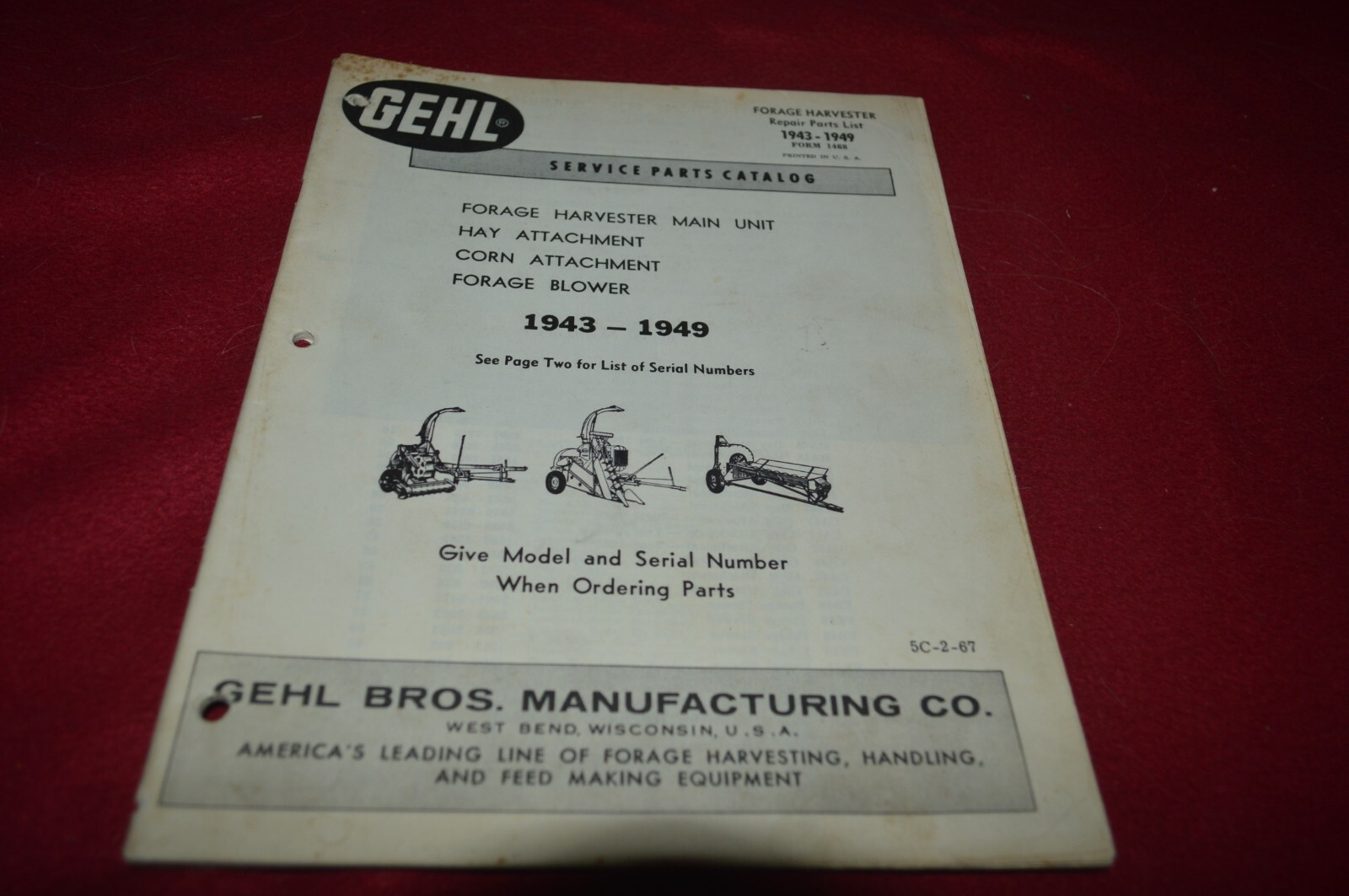Gehl Forage Harvester For 1943-1949 Parts Book Manual BASE