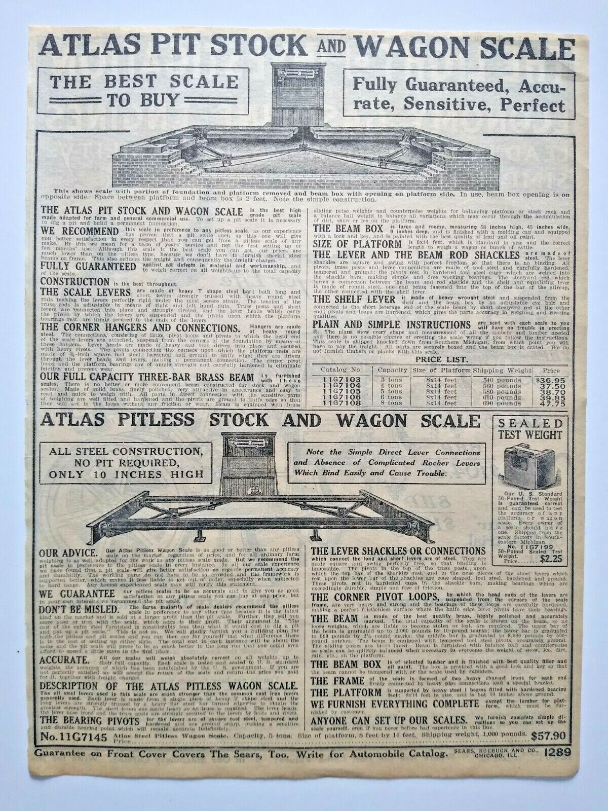 1911 Atlas Pit Stock Wagon Scale Farming Machine Art Sears Catalog Page Print Ad