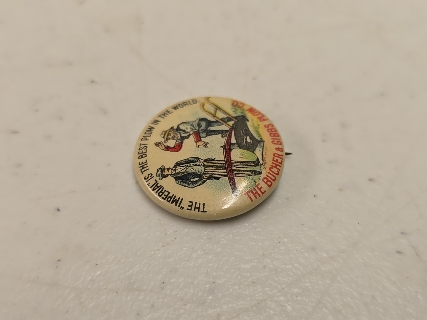 Antique 7/8&Prime; Bucher & Gibbs Imperial Plow Advertising Celluloid Pinback