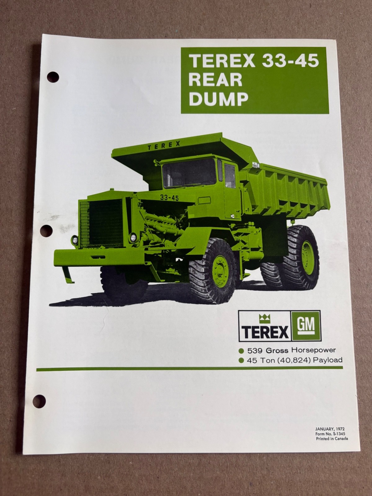 Vintage Terex 33-45 Dump Truck Specifications Sales Brochure