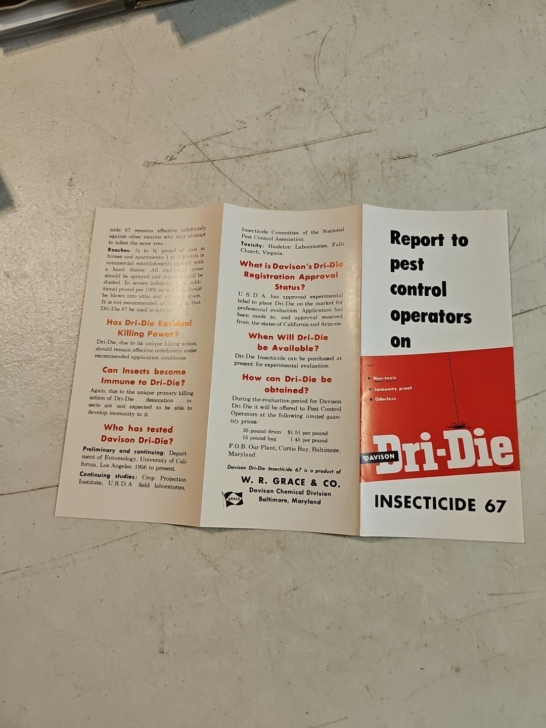 Vintage 1956 W.R. Grace & Co Davison Chemical Dri-Die Insecticide Brochure