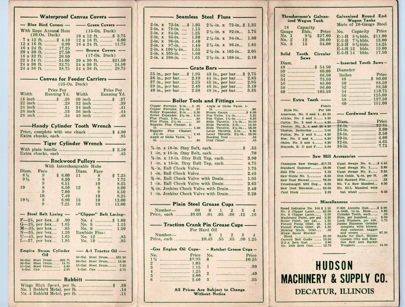 1936 Hudson Machinery Supply Co. Decatur Illinois Catalog Price List Letterhead