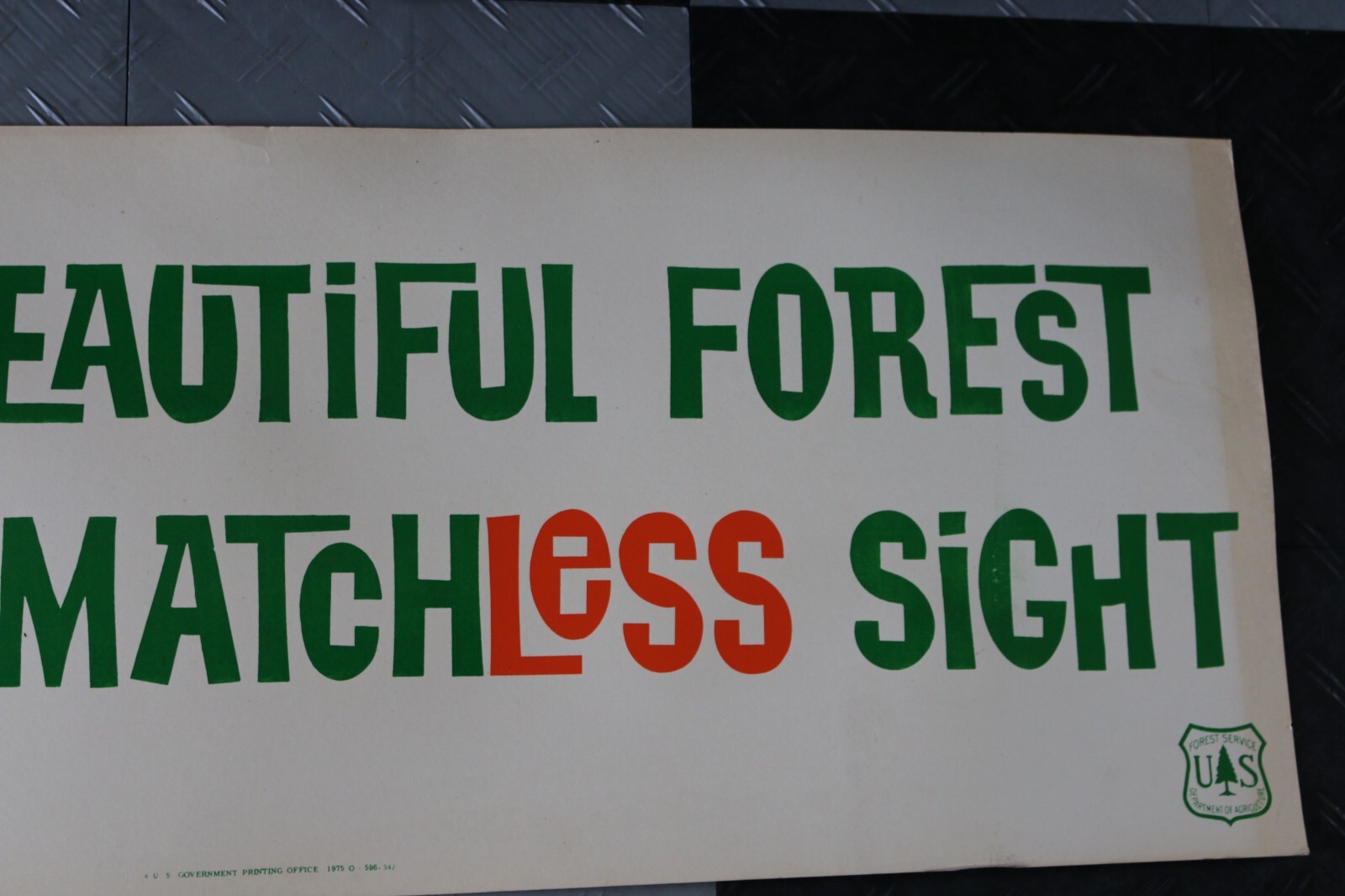 Vintage 1975 U.S. Department of Agriculture 44&Prime; x 16&Prime; cardboard sign forest fire