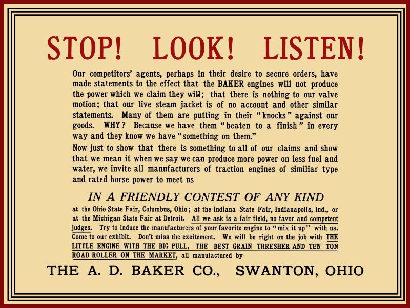 1910 A.D. Baker Co. NEW Metal Sign: Stop – Look – Listen! – Swanton, OhiO