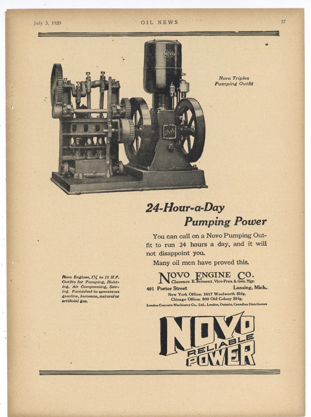 1920 Novo Engine Co. Ad: Triplex Pumping Outfit for Oilfield Operations. Lansing
