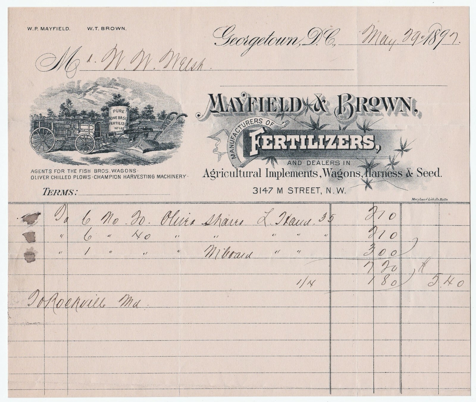SUPER Billhead LOT Mayfield & Brown Oliver Plows Georgetown Washington DC 1897