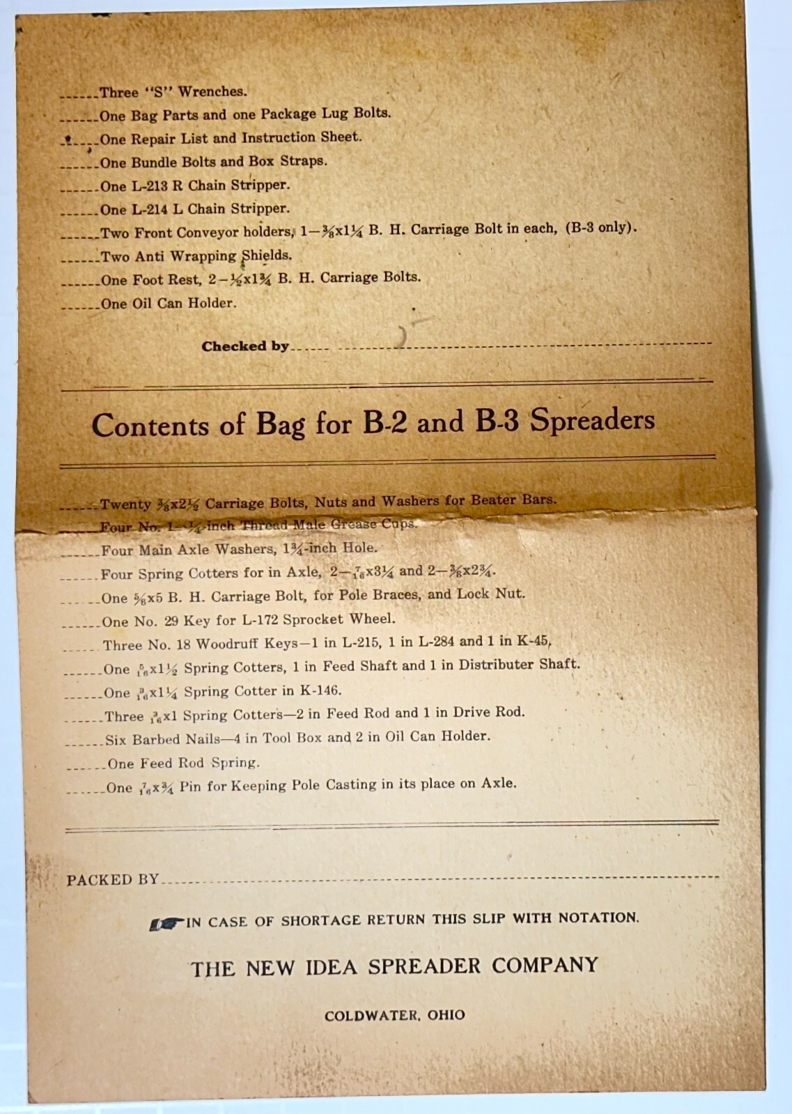 New Idea Spreader Co Checking Sheets Instructions Repair List Envelope