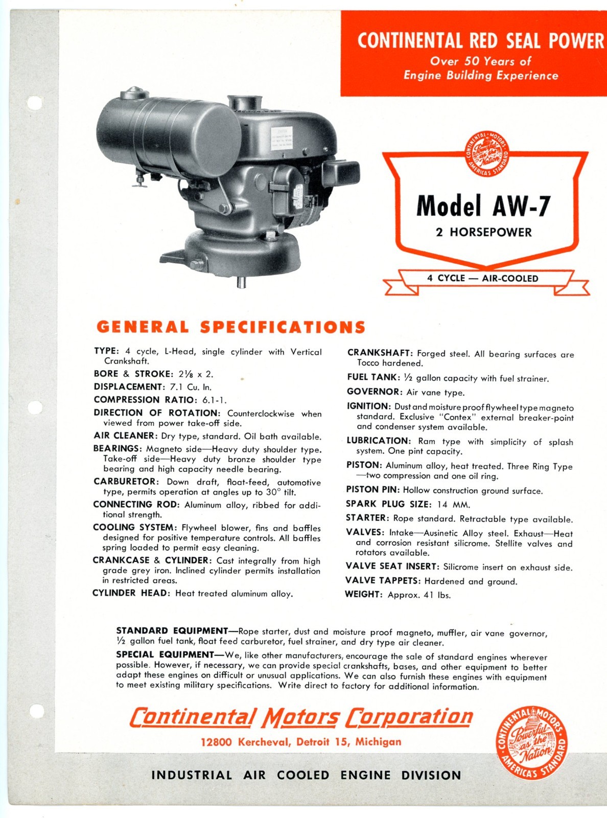 Continental Red Seal Air Cooled 2 HP Engine model AW-7 1954 sales brochure