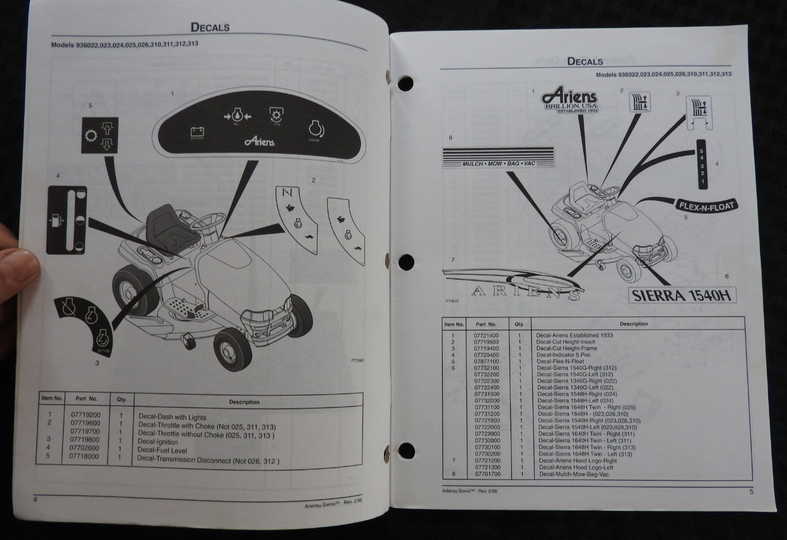 GENUINE ARIENS SIERRA 936 SERIES LAWN TRACTOR PARTS CATALOG MANUAL MINTY 1998