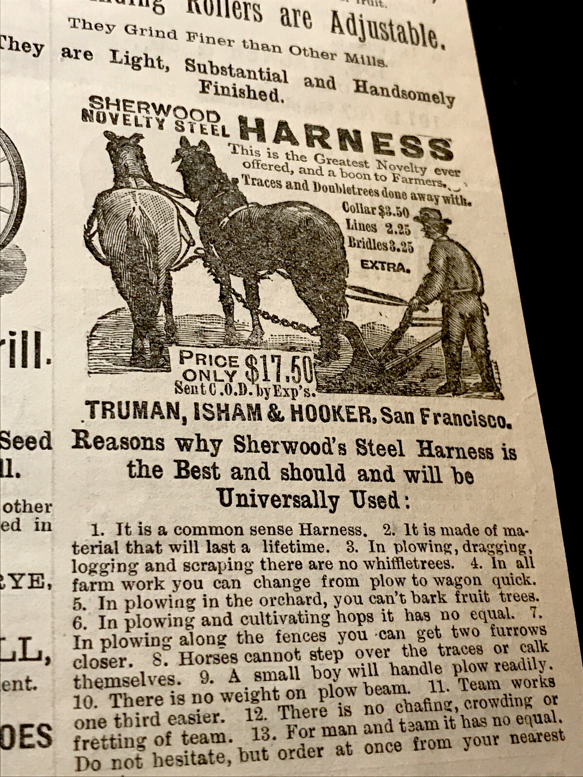 1886 Truman, Isham & Hooker Farm Implement Advertising – San Francisco – CA