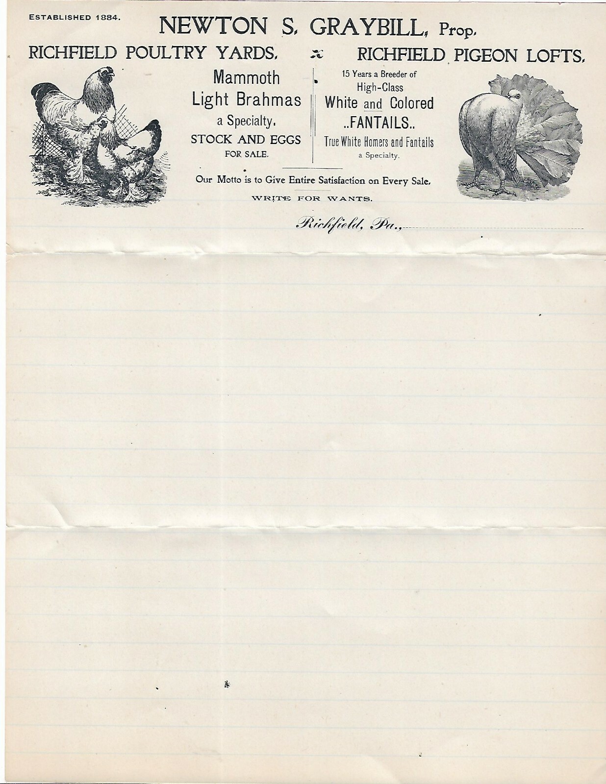 Old Advertising Letterhead Newton Graybill Poultry Yards Pigeon Lofts Richfield