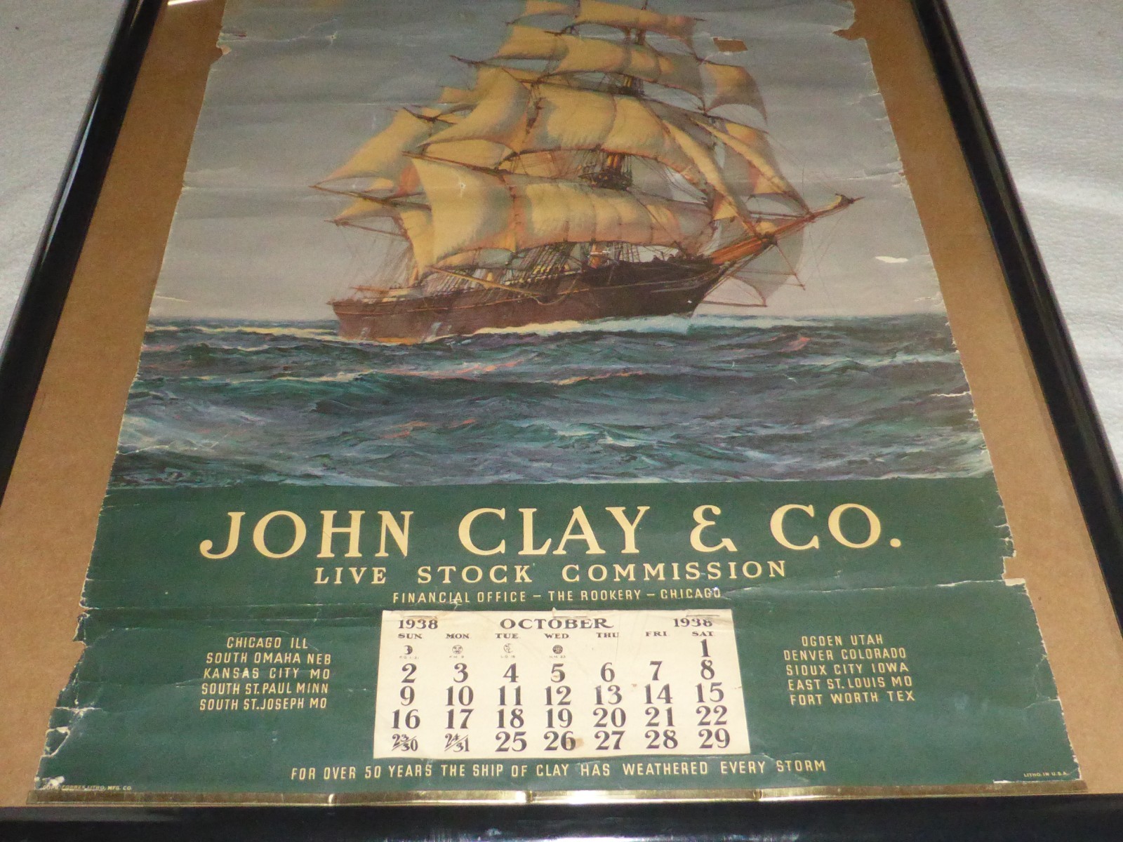 VINTAGE FRAMED JOHN CLAY CO LIVESTOCK COMMISSION CALENDAR ADVERTISING LITHO SHIP