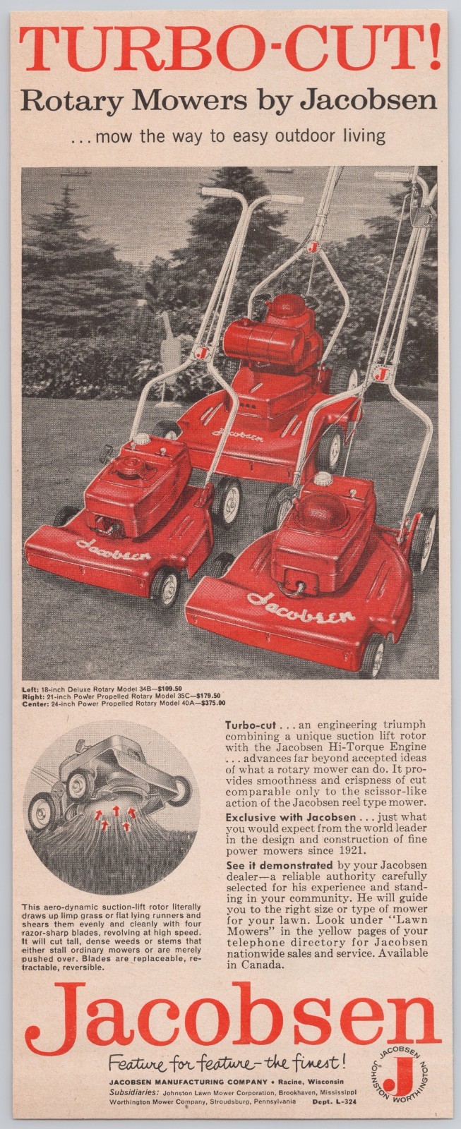 1958 Jacobsen Turbo-Cut Mower Vintage Print Ad Red Rotary Lawn Mower Art