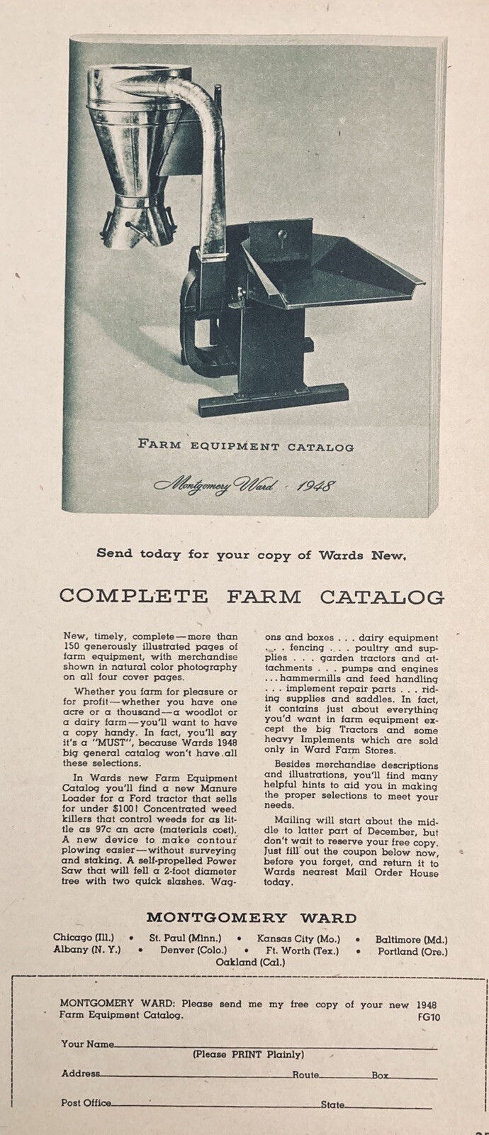 1947 AD.(XF15)~MONTGOMERY WARD CO. FARM EQUIPMENT CATALOG AD.!