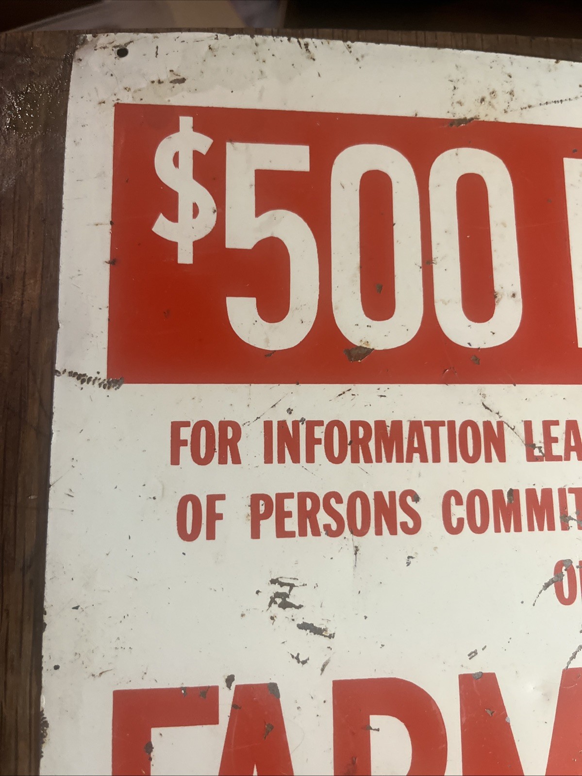 11×14 Farm Bureau $500 Reward Porcelain Sign – Found In Arkansas – VTG No Repop