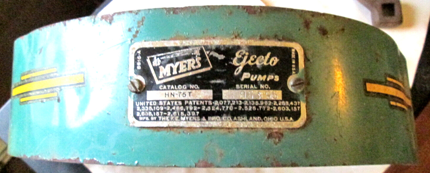 VINTAGE DECORATIVE MYERS EJECTO PUMPS STEEL ID TAG & SHROUD, GREEN, SALVAGE USED