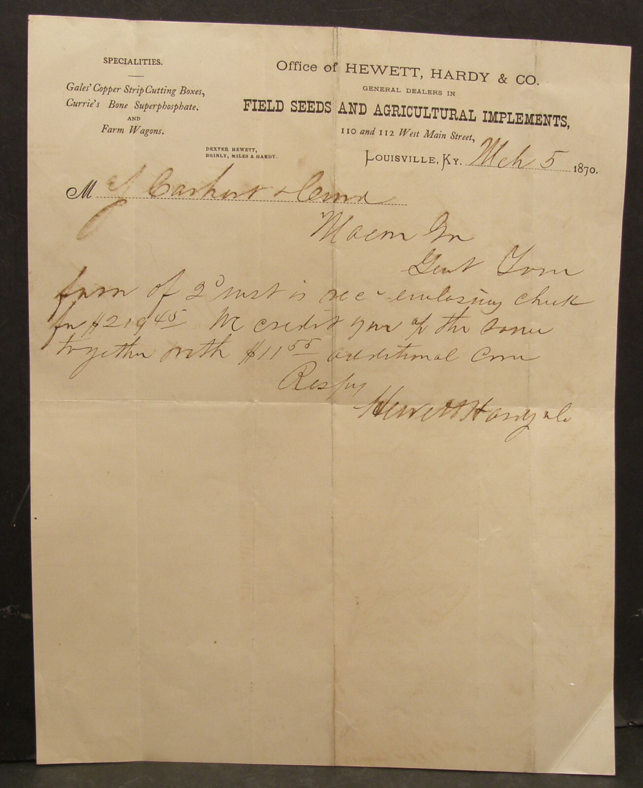 ANTIQUE LETTERHEAD HEWETT HARDY CO SEEDS & AGRICULTURAL IMPLEMENTS LOUISVILLE KY