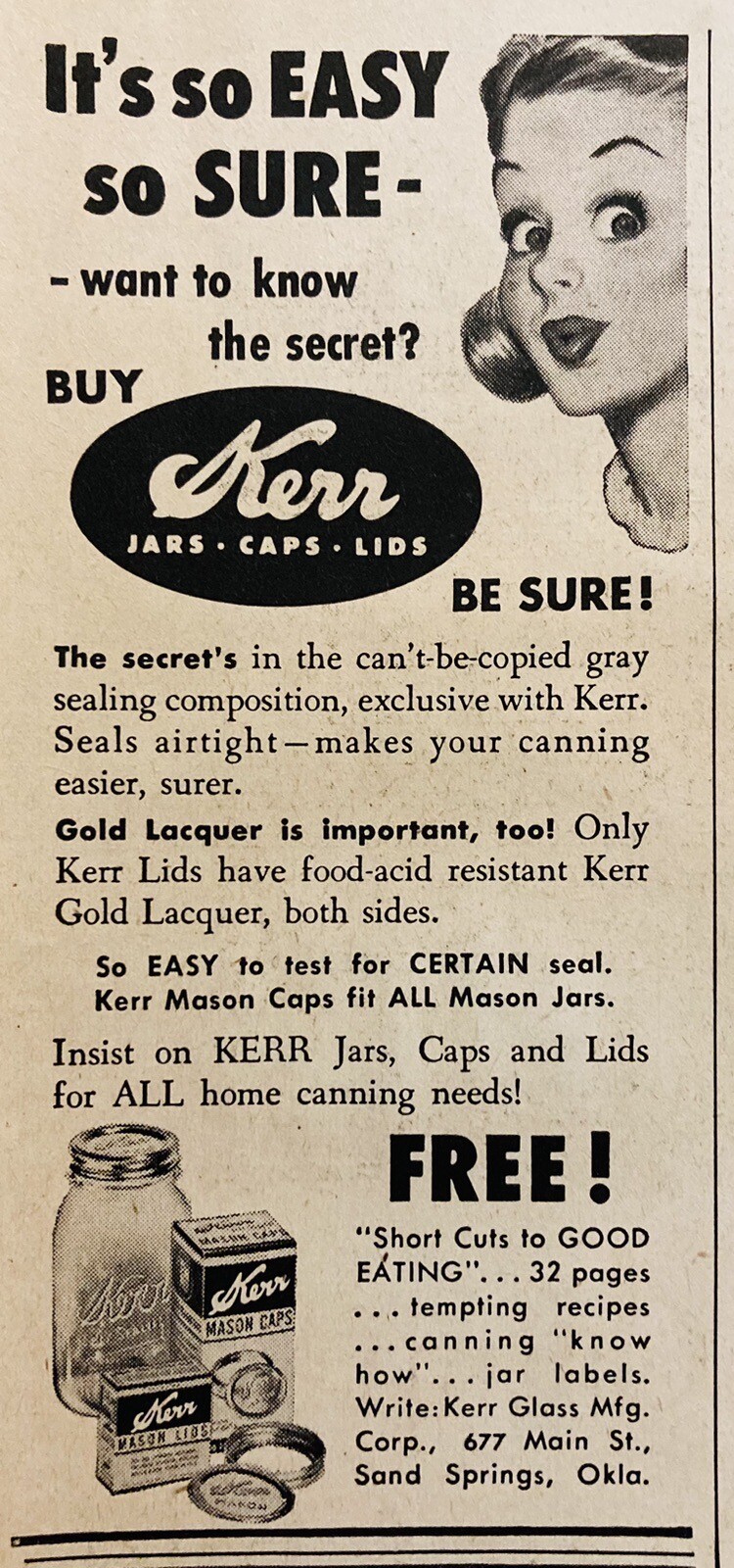 1950 AD.(XH74)~KERR GLASS MFG. CO. SAND SPRINGS, OKL. KERR JARS, CAPS AND LIDS