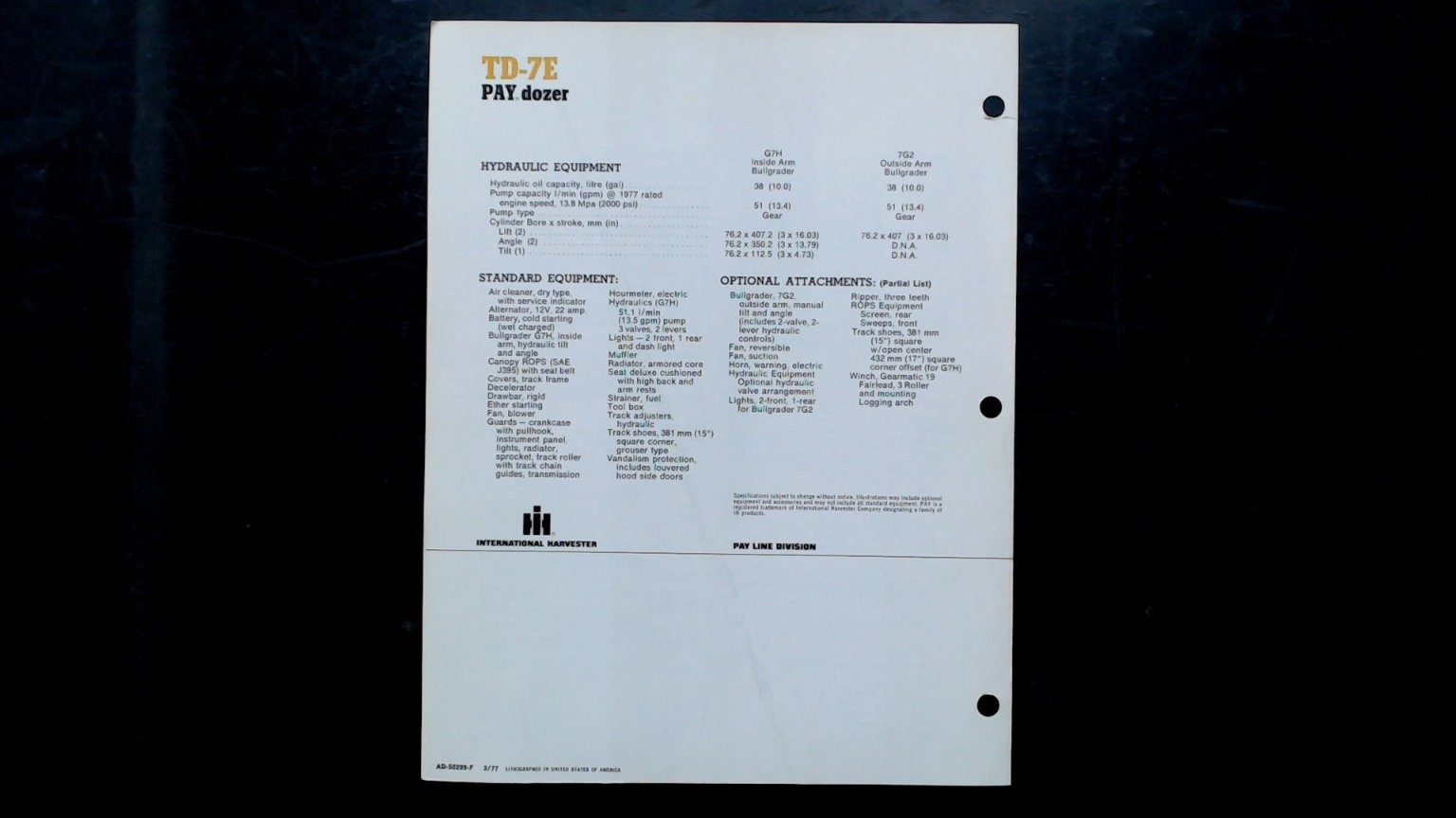 International TD-7E Pay Dozer Brochure 1977 Agricultural Equipment Specs
