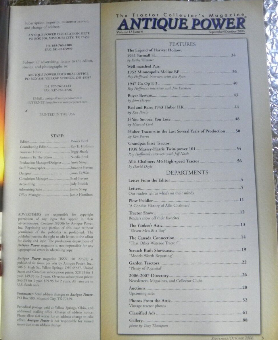 ANTIQUE POWER Magazine September October 2006 Club Directory 1943 Huber HK