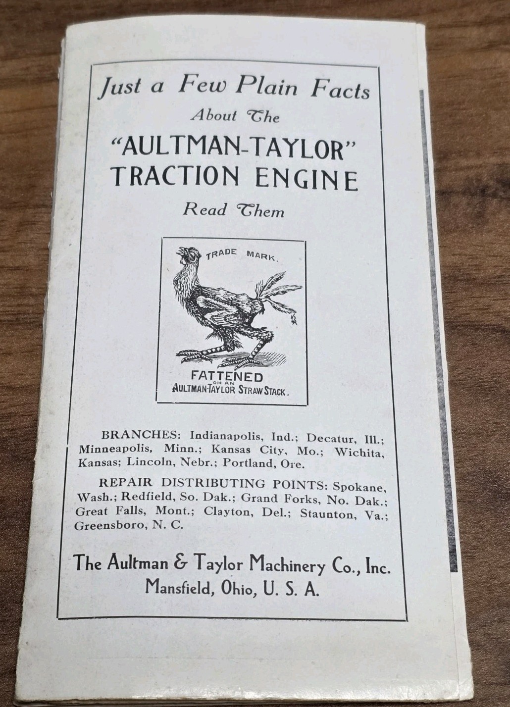 Rare Early 1900s Aultman & Taylor Small Tractor Brochure