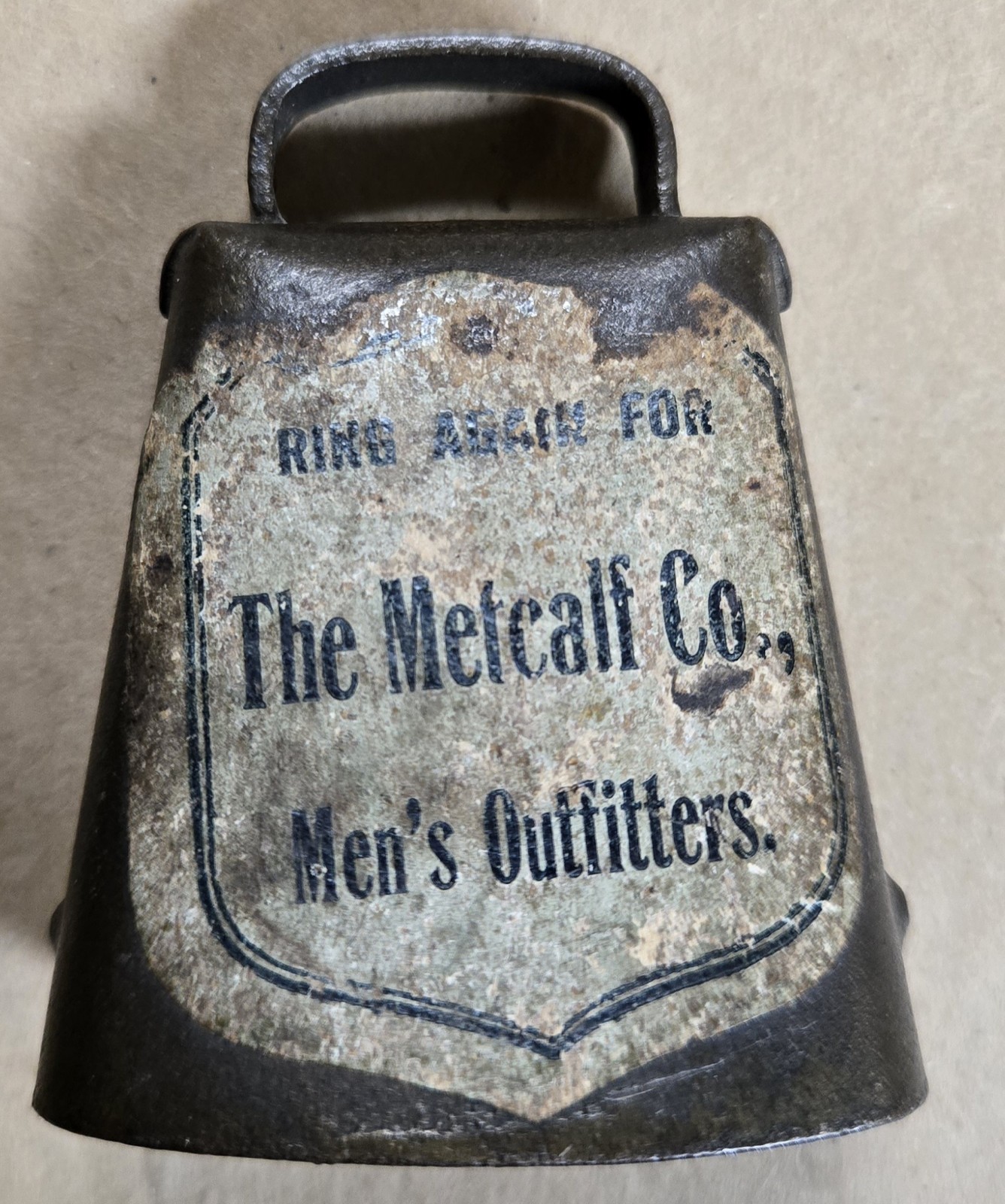 Rare Antique Advertising Miniature Cow Bell Metcalf Co Men&rsquo;s Outfitters Decal