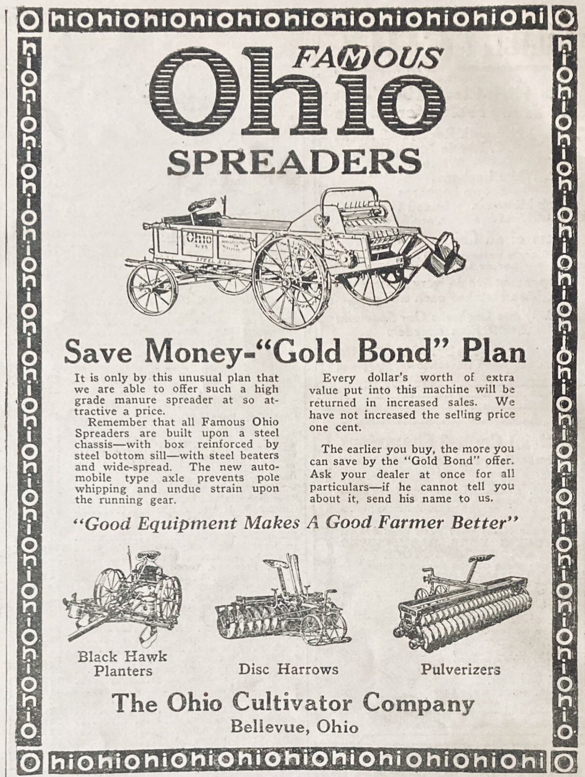 1926 AD.(XH6)~OHIO CULTIVATOR CO. BELLEVUE, OHIO. FAMOUS OHIO SPREADERS